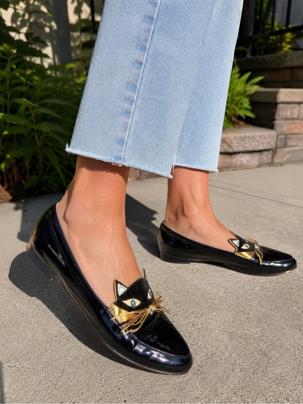 kate spade Black Patent Leather Cat-Embellished Loafers